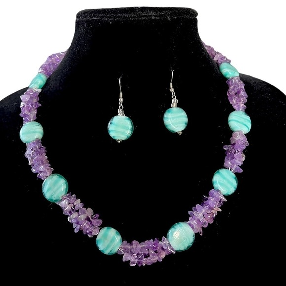 Handmade Artisan Amethyst and Glass Necklace with Matching Earrings - Picture 1 of 13